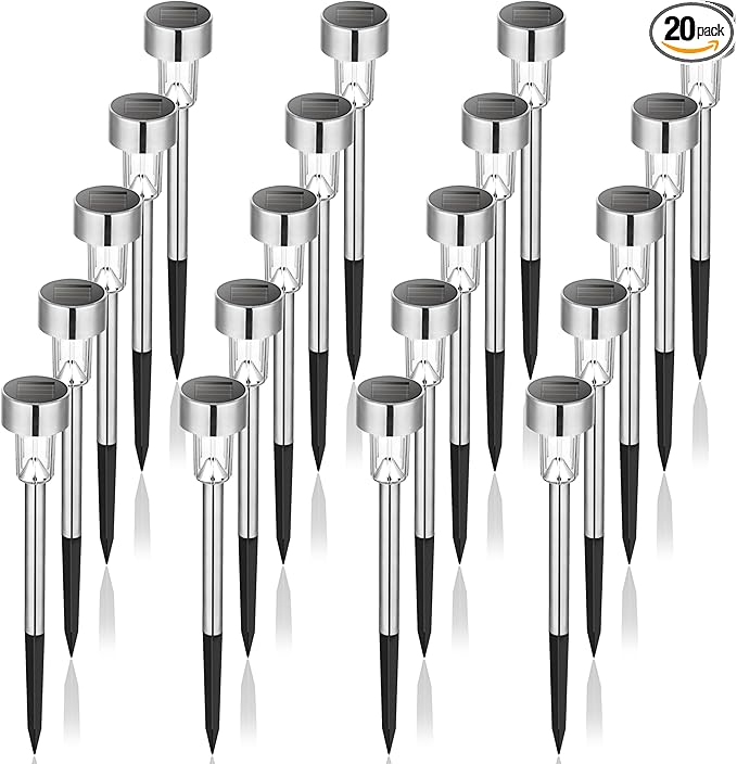 GIGALUMI Solar Pathway Lights, Stainless Steel IP44 Waterproof Auto On/Off Outdoor LED Solar Landscape Lights for Garden, Yard, Patio, Path and Walkway(20 Pack, Cold White)