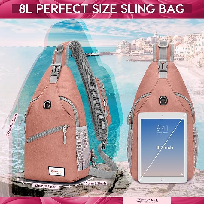 ZOMAKE Sling Bag,Small Crossbody Sling Backpack,Water Resistant Shoulder Daypack for Travel,Anti Thief Chest Bag for Hiking(Pink(New))