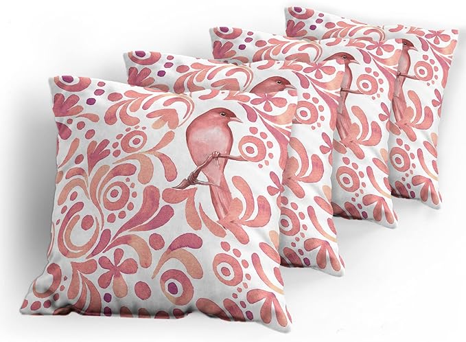 Ambesonne Watercolor Throw Pillow Cushion Case Pack of 4, Bird on Tree Branch Floral Swirls Curves Little Dots Wildlife, Modern Accent Double-Sided Digital Printing, 20", Rose White