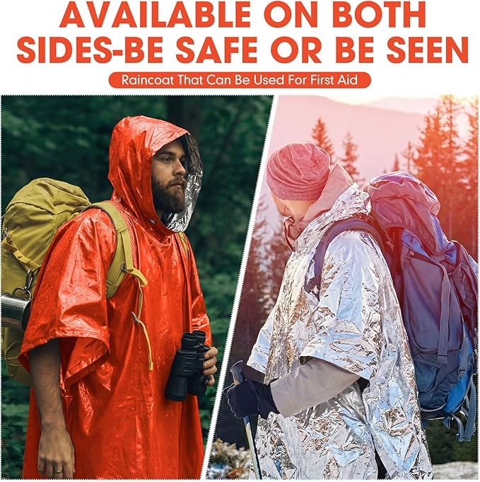 Tellegloww Emergency Ponchos with Polyester Film Blanket Liner Waterproof Windproof Thermal Survival Blanket Rain Ponchos