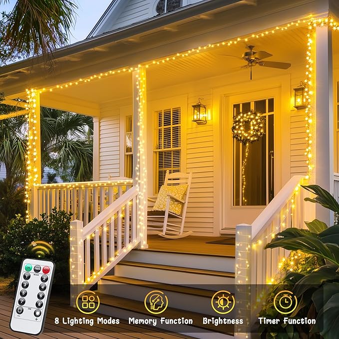 JMEXSUSS 2 Pack Battery Operated String Lights Outdoor Indoor, Total 66ft 200 LED Fairy String Lights with Remote, Warm White Battery Christmas Lights for Bedroom Holiday House Tree Porch Party Yard
