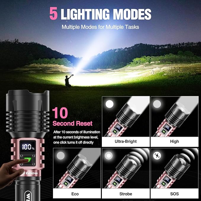 WdtPro Rechargeable LED Flashlights High Lumens, Super Bright 90000LM Rechargeable Flashlight with LCD Display, 5 Modes & Waterproof Powerful 10000mAh Handheld Flashlight for Camping Emergency Pink