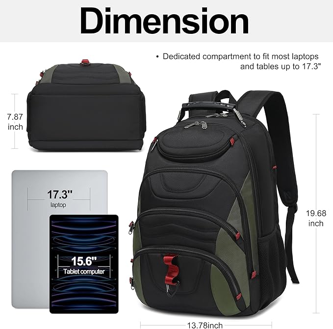 Boavan Laptop Backpack for men, 17.3 inch Laptop Bag with USB Port, Waterproof Travel Work Backpack Purse, Anti-Theft Teacher Nurse Doctor Casual Bookbags Office Business backpack，Black&Army Green