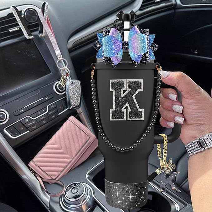 9PCS Black for Stanley Cup Accessories Set Bling Initials Bow Charms for Stanley Decorations 30/40 Oz Tumbler Accessories Including Bow Straw Topper, Handle Strap, Spill Stopper（Letter K）