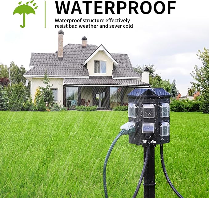 TiFFCOFiO Outdoor Power Strip with Stake Waterproof, 15 FT Extension Cord, 6 Grounded Outlets for Outdoor Lights, 14 AWG, 15A/1875W, ETL Listed