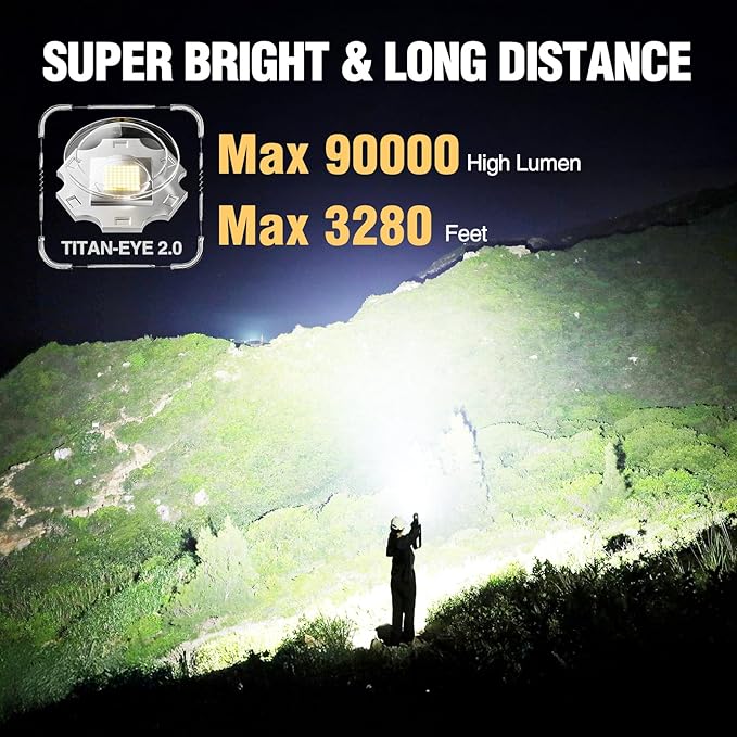 WdtPro Rechargeable LED Flashlights High Lumens, Super Bright 90000LM Rechargeable Flashlight with LCD Display, 5 Modes & Waterproof Powerful 10000mAh Handheld Flashlight for Camping Emergency Gold