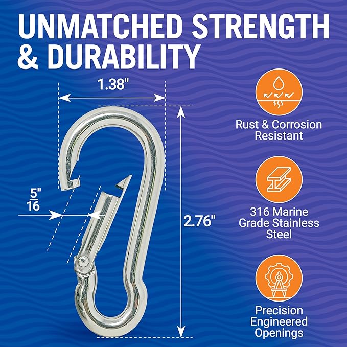 Stainless Steel Carabiner Clip, 4 Pack, 316 Marine Grade, Heavy Duty Spring Snap Hooks, Mini and Large Sizes, 2" to 4" Options