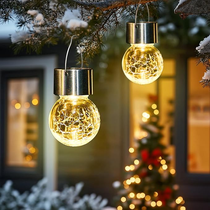 SOLPEX Hanging Solar Lights Outdoor, 8 Pack Decorative Cracked Glass Ball Light, Solar Powered Waterproof Globe Lighting, Hanging Globe Solar Lights for Garden, Yard, Patio, Lawn, Flower Bed