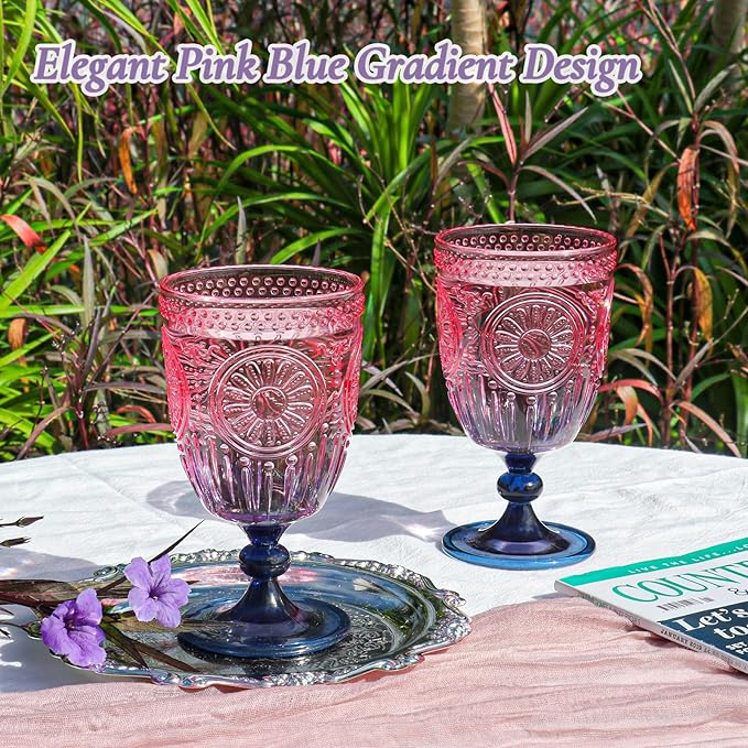 XUWAIDSGN 12Pcs Plastic Vintage Wine Glasses 13.5oz Reusable Embossed Goblet Glasses Pink Blue Gradient Retro Wine Glassware Unbreakable Stemmed Champagne Water Cups for Wine Cocktail Juice Wedding