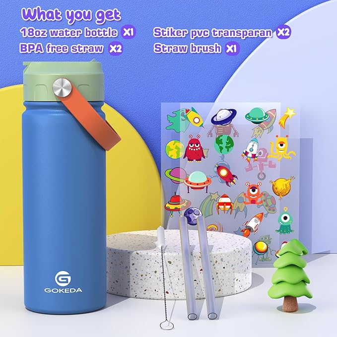 GoKEDA 18oz Kids Water Bottle, Insulated Bottles with Stickers, 18/8 Stainless Steel Vacuum Leak Proof Straw Cup for School, Gifts for Boys Girls(LightGreenBlue)