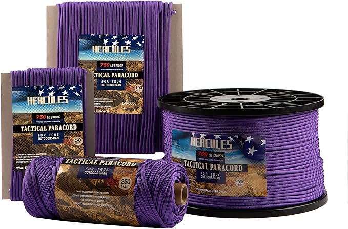 HERCULES 750lb Paracord 4mm 11 Strands Tactical Parachute Cord, 50' 100' 250' 1000' Utility Rope for Camping, Survival, Outdoor Gear (Purple, 250FT)