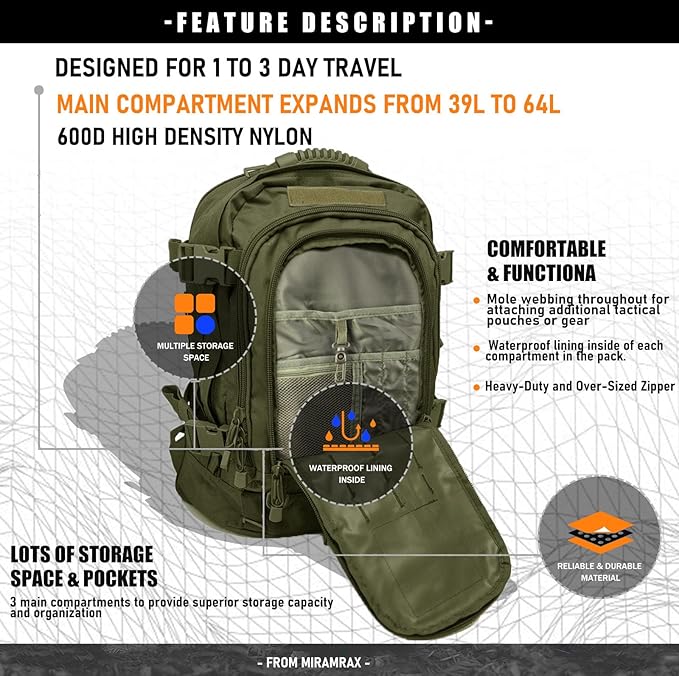 Miramrax Tactical Backpack Military Army Daypack - Assault Pack for Men Molle Backpacks Bug Out Bag 3 Day Pack for Hiking Camping Travel Hunting Rucksack Trekking Green