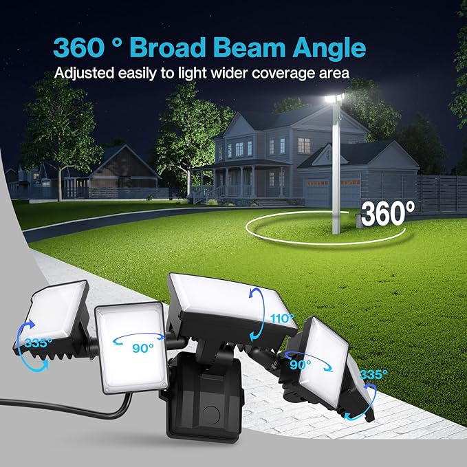 Olafus 130W Flood Lights Outdoor Plug in, 13000LM LED Security Light, 6500K Exterior Flood Lights with 5 Adjustable Heads, IP65 Waterproof Outdoor LED Safety lamp for Backyard Garage Patio Black