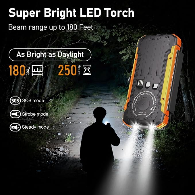 Solar Power Bank 20000mAh Portable Charger Built-in 3 Cables and Wireless Charging Battery Pack Compatible for iPhone, IPX5 Waterproof, Bright Flashlight Perfect for Camping, Hiking, Outdoor