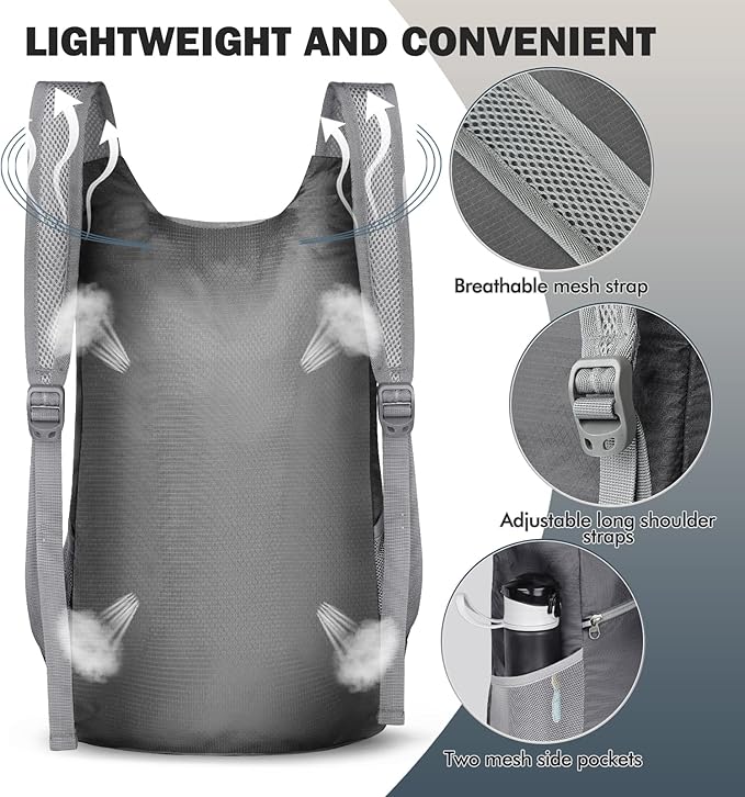 ZOMAKE Lightweight Packable Backpack,Foldable Backpacks Small Daypack for Hiking Water Resistant Day Bag for Travel(14L,Medium Grey)
