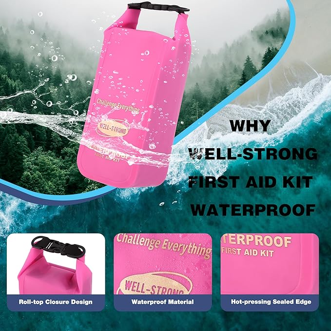 Boat First Aid Kit Waterproof, WELL-STRONG Marine Emergency Kit with Roll Top Dry Bag for Boating Fishing Kayaking – Water-Resistant Contents for Camping & Beach（Transparent Pink）
