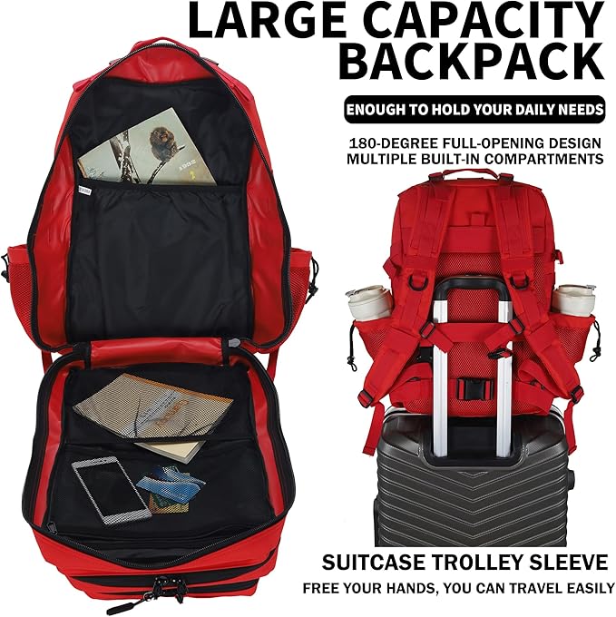 Sparklekle Military Tactical Backpack 45L 3 Day Assault Pack Waterproof Molle Hiking Rucksack for Men&Women (Red)