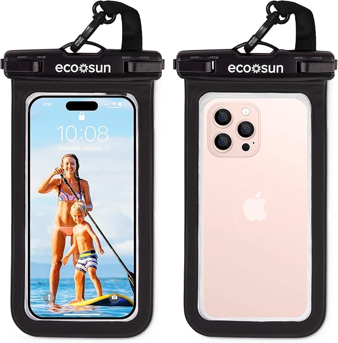 Eco Sun Waterproof Phone Pouch & Floating Wrist Strap Bundle (2-Pack Each) – Waterproof Phone Case + Float Strap – Travel & Beach Essentials Designed in Hawaii – Fits iPhone 17 Pro Max, GoPro, Cameras