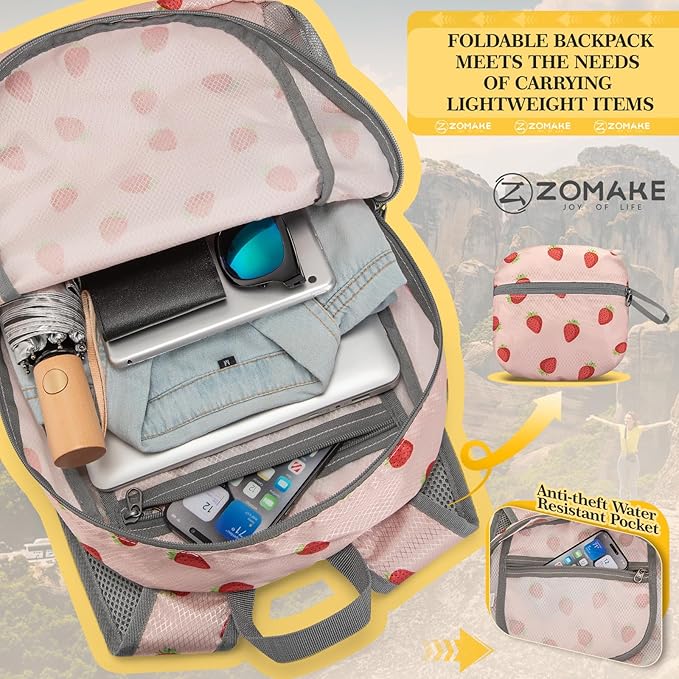 ZOMAKE Ultra Lightweight Hiking Backpack 20L, Packable Small Backpacks Water Resistant Daypack for Women Men(Strawberry print)