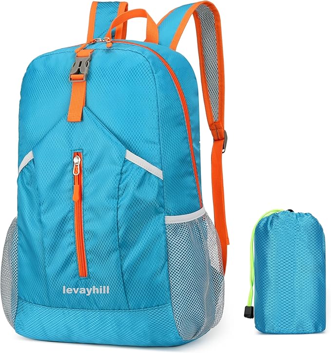 levayhill 25L Foldable Hiking Backpack Lightweight Packable Basic-Daypack Collapsible Bag Water-Resistant Travel Men Women Camping Cycling Outdoor (Blue)
