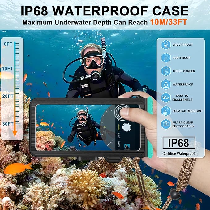 2026 Diving Snorkeling Phone Case for iPhone 17/16/15/14/13/12/11 Pro Max/XS/X Samsung Galaxy S26/S25/S24 Professional Scuba Dive Waterproof Underwater Photo Video Cover (4TH Gen, Teal)