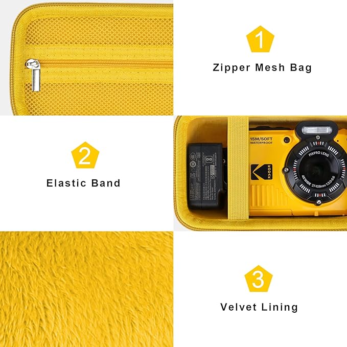 Canboc Carrying Case for Kodak PIXPRO WPZ2 Rugged Waterproof Digital Camera, Underwater Photography Camera Bag, Mesh Pocket fits USB Cable, Battery, Adapter, Yellow (Case Only)