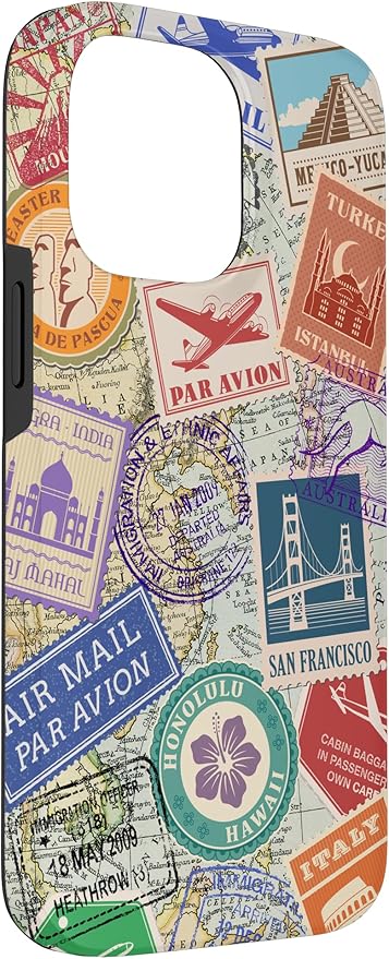 World Map Travel Passport Stamps Postage Stamp Case for iPhone 14 Pro Max