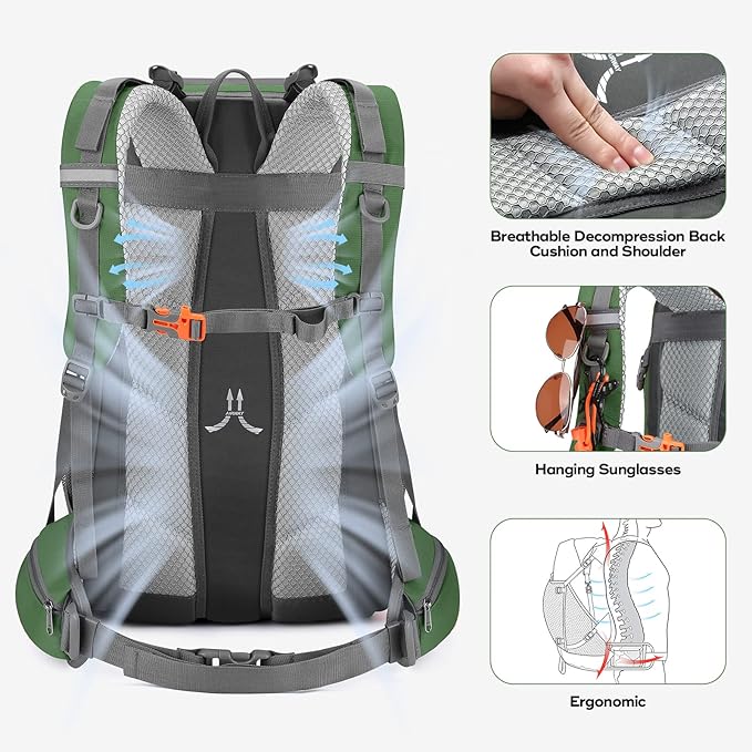 Maelstrom Hiking Backpack,Camping Backpack,40L Waterproof Hiking Daypack with Rain Cover,Lightweight Travel Backpack,Green