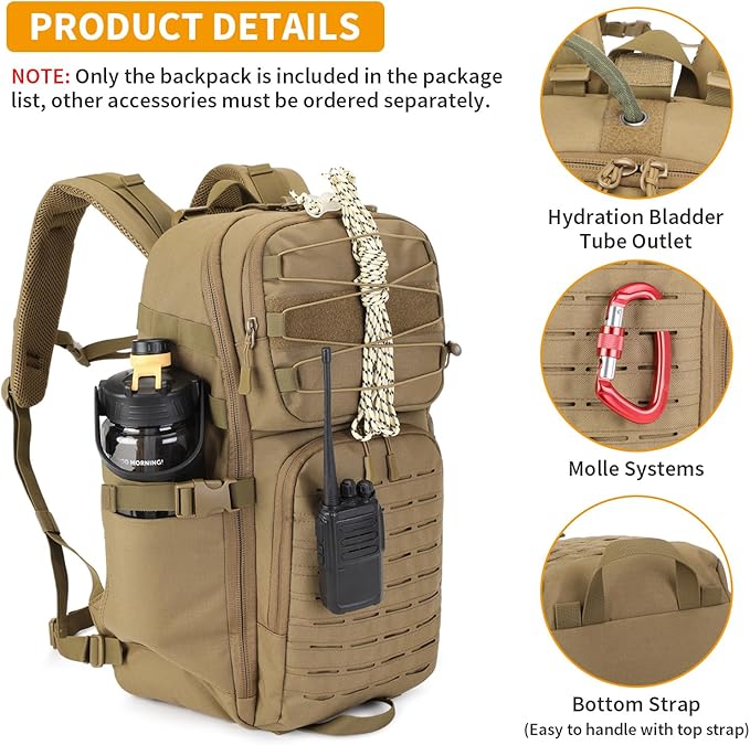 HUNTVP Tactical Backpack for Men 35L Military Backpack MOLLE 1000D Army Daypack 3 Day Bug Out Bag for Work Camping Hiking Outdoor, Brown