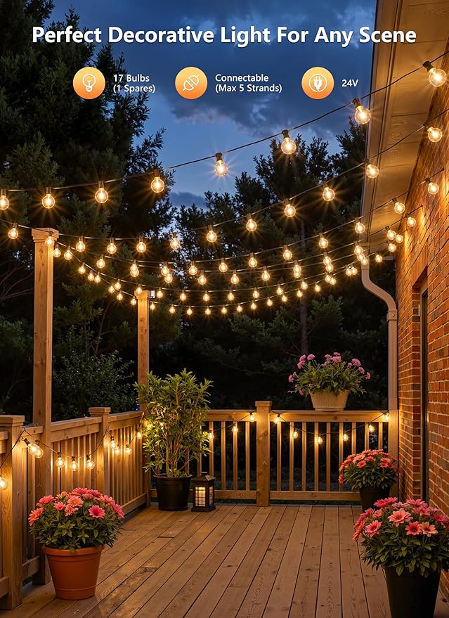 Brightown Outdoor String Lights, 55FT 17 G40 Bulbs Shatterproof Patio Lights, Waterproof Dimmable Hanging Connectable Globe LED Outdoor Lights for Backyard, Bistro, Porch, Deck, Balcony