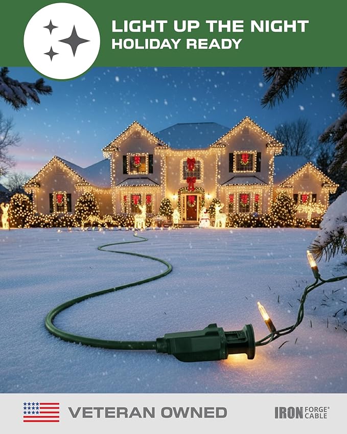 Iron Forge Cable Weatherproof 10 Ft Outdoor Extension Cord - 16/3 SJTW Heavy Duty Green Extension Cord 3 Prong - 13 Amp Exterior Power Cable