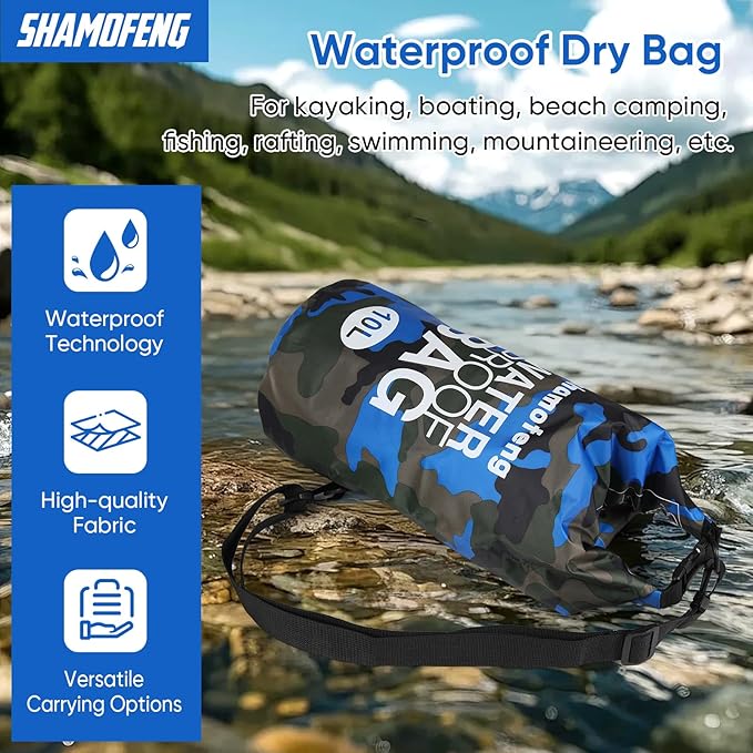 Waterproof Dry Bag 5L/10L/15L/20L/30L Roll Top Dry Storage Backpack with Phone Case, Collapsible Water Bottle, Sunglasses, Ear Band for Kayaking Boating Swimming Fishing Camping, Blue 10L