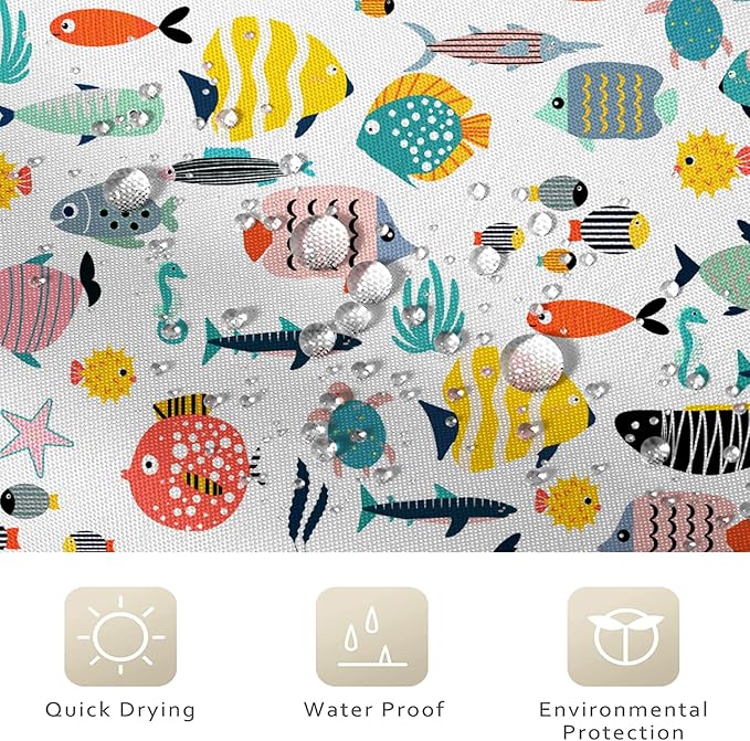 Kid Shower Curtain, Colorful Cartoon Tropical Fish Ocean Beach Theme Bath Curtain Waterproof Fabric Machine Washable with Hooks, 60" Wx72 L