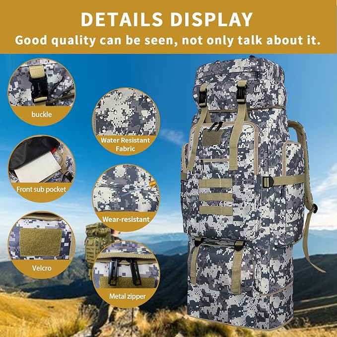 Hiking Backpack, 100L Large Camping Backpack, Expandable Waterproof MOLLE Rucksack, Outdoor Sport Travel Daypack Military Tactical Back pack for Men Women (Camouflage)