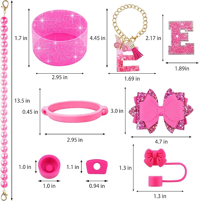 9PCS Hot Pink for Stanley Cup Accessories Set Bling Initials Bow Charms for Stanley Decorations 30/40 Oz Tumbler Accessories Including Bow Straw Topper, Handle Strap, Spill Stopper（Letter E）
