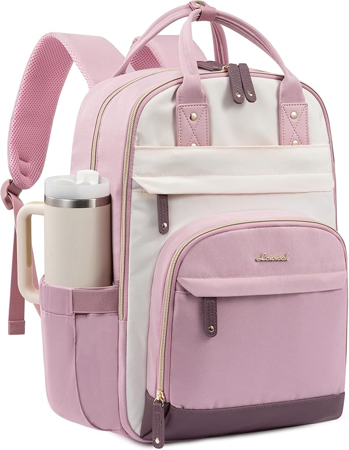 LOVEVOOK Laptop Backpack for Women with Giant Tumbler Holder Pocket,15.6 inch School College Bookbag Nurse Teacher Backpack,Work Travel Backpack Purse Laptop Computer Bag,Pink-Off-white-Light pink
