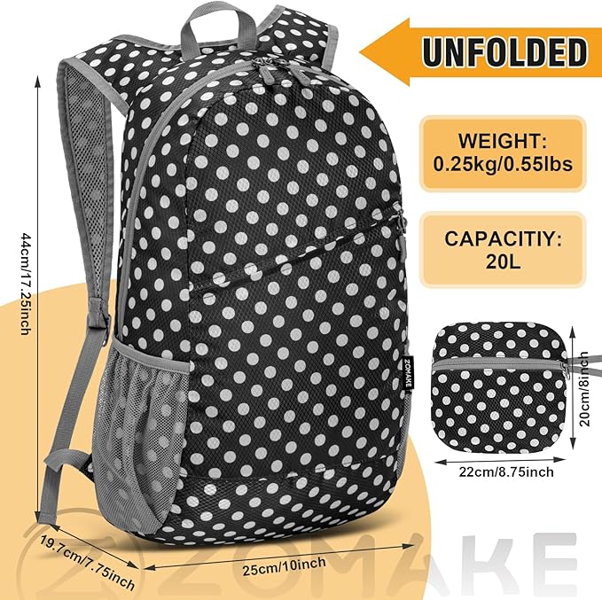 ZOMAKE Lightweight Packable Backpack,Foldable Backpacks Small Daypack for Hiking Water Resistant Day Bag for Travel(Black,White polka dots)
