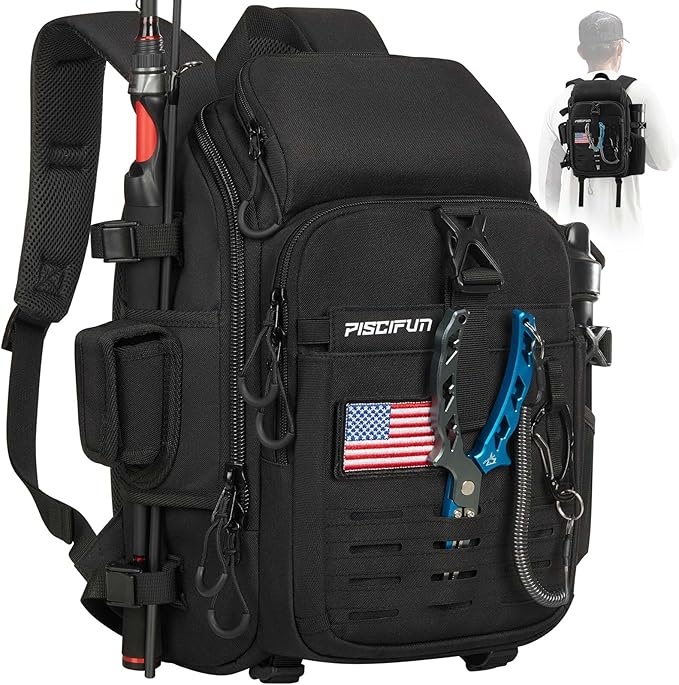 Piscifun Fishing Tackle Backpack with Rod & Gear Holder, Lightweight Fishing Tackle Storage Bag with Protective Rain Cover