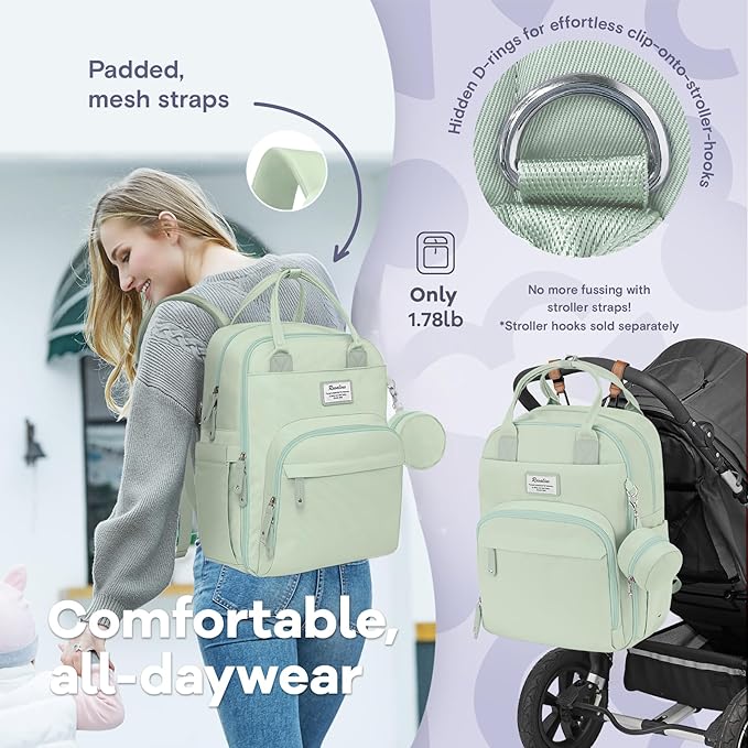 RUVALINO Diaper Bag Backpack-Multifunction Baby Travel Bag with Changing pad, Insulated Bottle Holders & Pacifier Case, Large Capacity, Waterproof, Mint Green