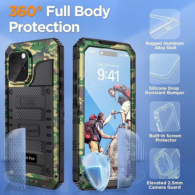 Mitywah Waterproof Case for iPhone 16 Pro, Shockproof Heavy Duty Case with Built-in Screen Protector, Underwater Full Body Protective Metal Case 6.3 inch, Camouflage