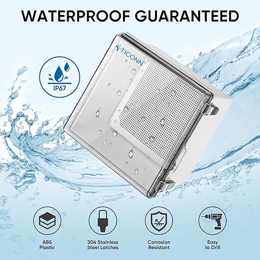 TICONN Outdoor Electrical Box Waterproof, Junction Box IP67 ABS Plastic Enclosure with Hinged Cover with Mounting Plate, Wall Brackets, Cable Glands (Clear, 11.8"x11.8"x7.1")