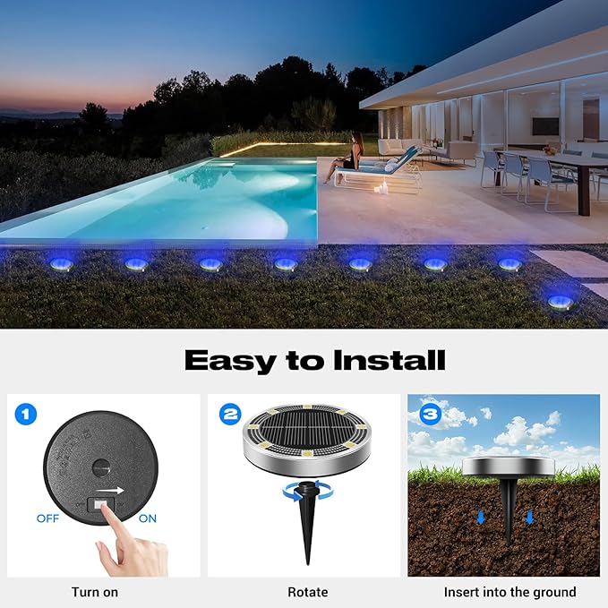 Peasur Mini Solar Ground Lights Outdoor, 8 Pack Flat Solar Powered Disc Lights, IP68 Waterproof, Anti-Rust, Landscape Lighting for Pathway Garden Yard Lawn Walkway Landscape Driveway, Blue