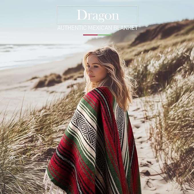 Hydration Nation Authentic Large Handwoven Mexican Blanket - Soft Yoga- Durable Serape- Lightweight Falsa, Beach, Camping, Picnic, Outdoor Blanket 70"x50" - Dragon