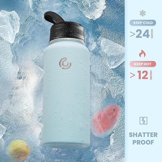 COKTIK 32oz Sports Water Bottle, Stainless Steel Water Bottle for Insulated, Reusable Travel Bottle, With Straw, With Handle Grip for Easy Carrying, Suitable for Cycling, Outdoor Vacations(FOG)