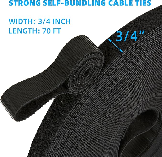 70FT x 3/4 inch Hook and Loop Roll, Reusable Fastening Cable Ties, Multi-Purpose Cable Management Wire Ties Cable Straps for Organizing Home, Office and Data Centers