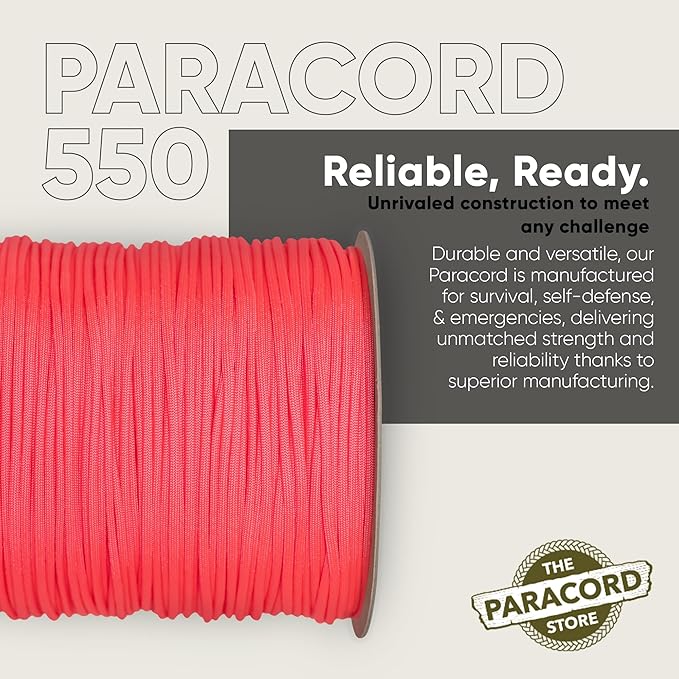 The Paracord Store | Type III 550 Paracord - 1000 FT Spool, Salmon Pink | Heavy Duty 7 Strand Tactical Paracord - USA Made Nylon Outdoor Parachute Cord for Camping, Fishing & More - Survival Cord