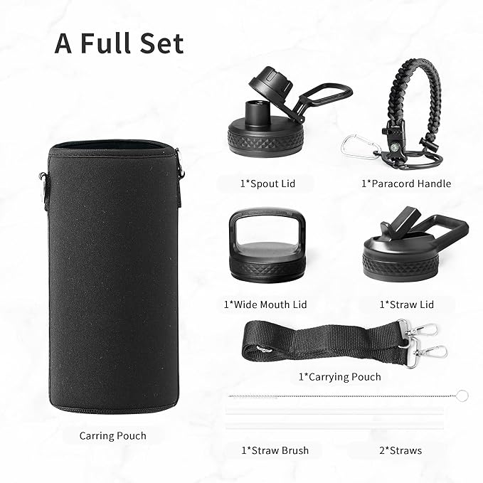 Trebo 32 oz Water Bottle Insulated with Lid and Straw,Triple Wall Vacuum Stainless Steel Metal Tumbler Sports Flask with Paracord Handle, Keep Hot 24 Hours & Cold 48 Hours Water Cup with 3 Lids, Black