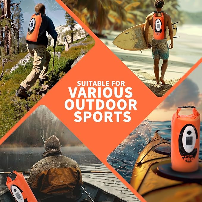 FELICON Solar/Battery Powered Multi-Functional Backpack with Bluetooth Speaker,IP66 Waterproof Dry Bag,Heavy Duty Roll Top Closure,Large Capacity Bag for Camping,Hiking,Traveling (Orange 10L)