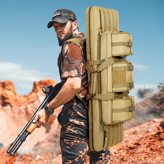 DULCE DOM 36 42 48 Inch Double Rifle Case, Tactical Soft Padded Backpack for Hunting & Shooting Range, Heavy-Duty Storage Gun Bag for 2 Rifles & Pistols with Lockable Zippers & MOLLE System