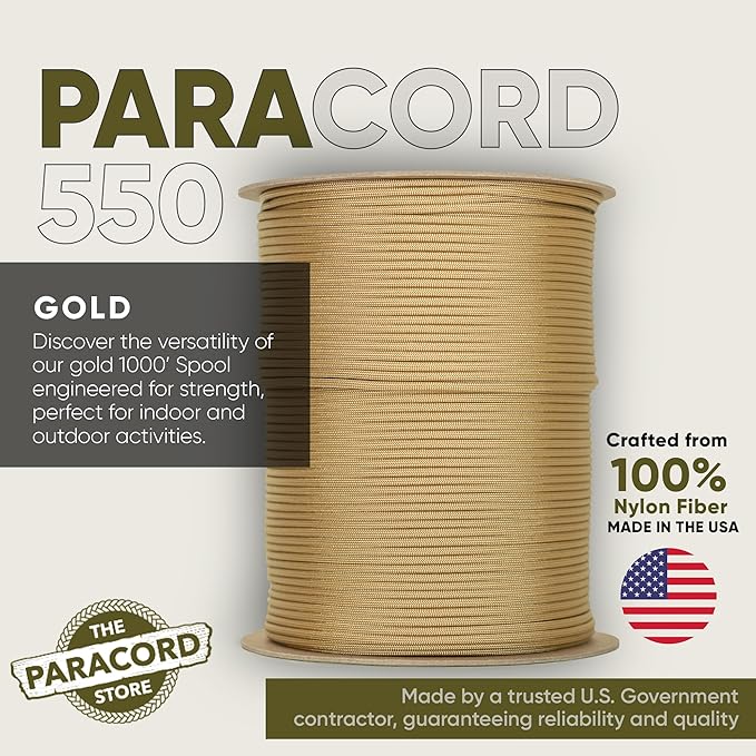 The Paracord Store | Type III 550 Paracord - 1000 FT Spool, Gold | Heavy Duty 7 Strand Tactical Paracord - USA Made Nylon Outdoor Parachute Cord for Camping, Fishing & More - Survival Cord